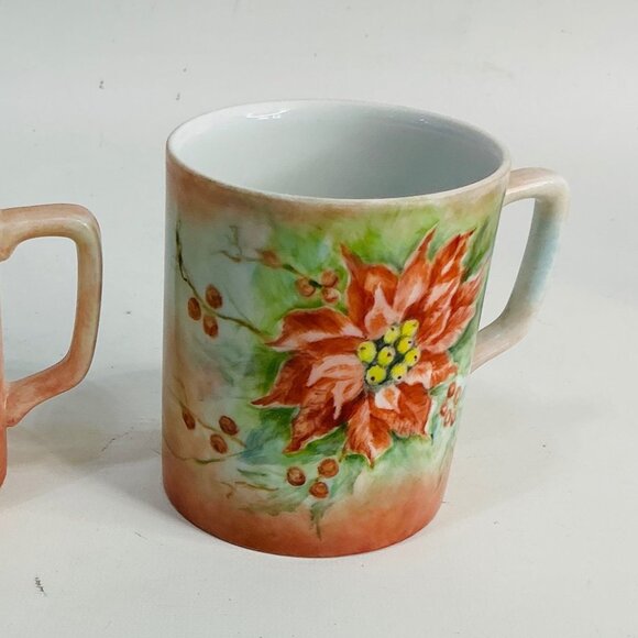 Set Of 2 Handpainted Watercolor Autumn Leaf & Poinsettia Coffee Mugs. Signed - Picture 5 of 7